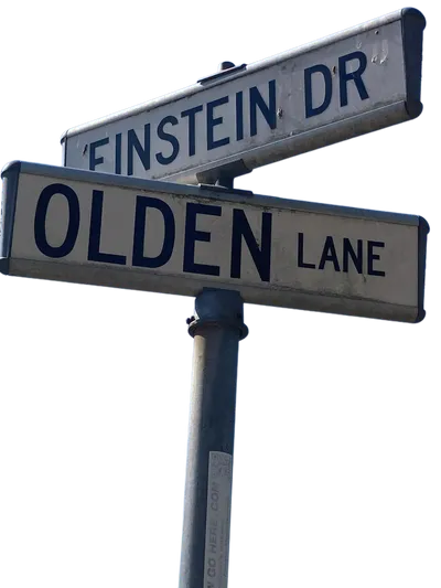Street signs at the corner of Einstein Drive and Olden Lane in Princeton, New Jersey